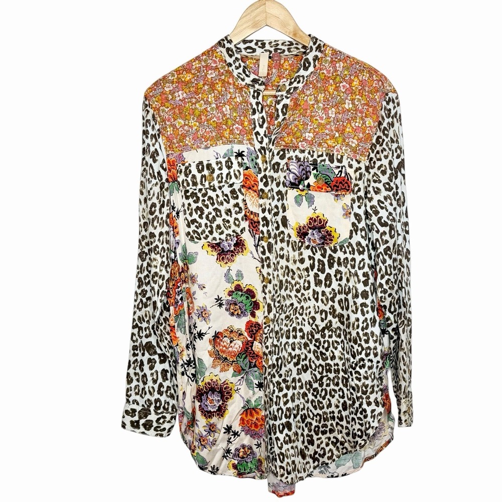 Pilcro Leopard Floral Print Shirt Womens Small Boho Artsy Festival Anthropologie